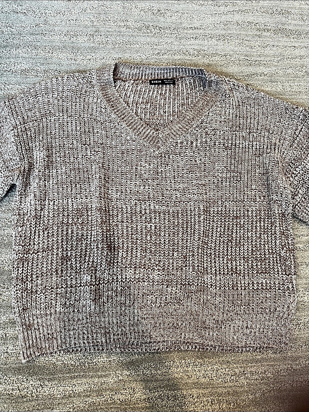 SHEIN EZwear Space Dye Drop Shoulder Sweater Brown & White Medium